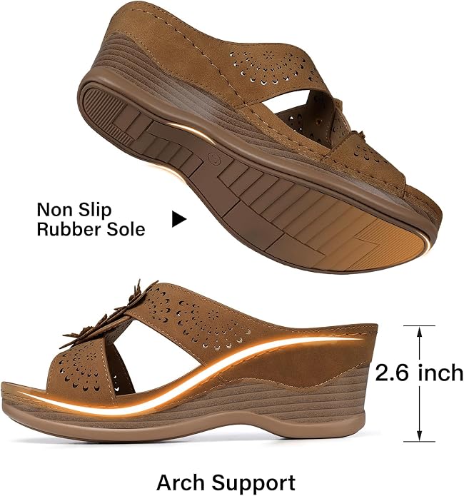 TEMOFON Womens Wedge Sandals Leather: Dressy Sandal, Rubber Sole, Comfortable - Image 5
