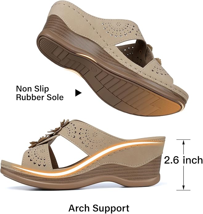 TEMOFON Womens Wedge Sandals Leather: Dressy Sandal, Rubber Sole, Comfortable - Image 5