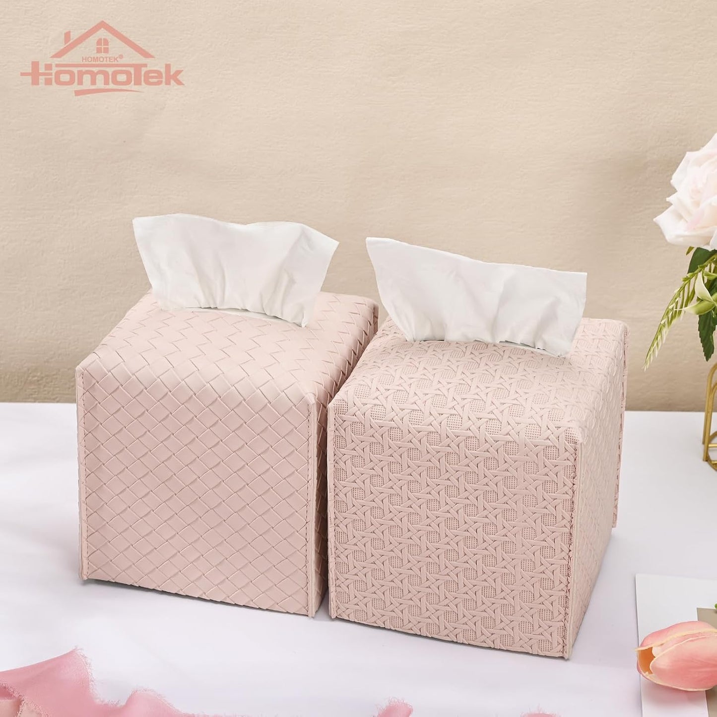 HOMOTEK 2 Pack Tissue Box Cover, Square PU Leather Tissue Holder, Decorative Facial Tissue Cube Paper Organizer Dispenser for Bathroom, Night Stands, Desk, Car 5X5X5'' - Woven Waffle,Macaron Pink