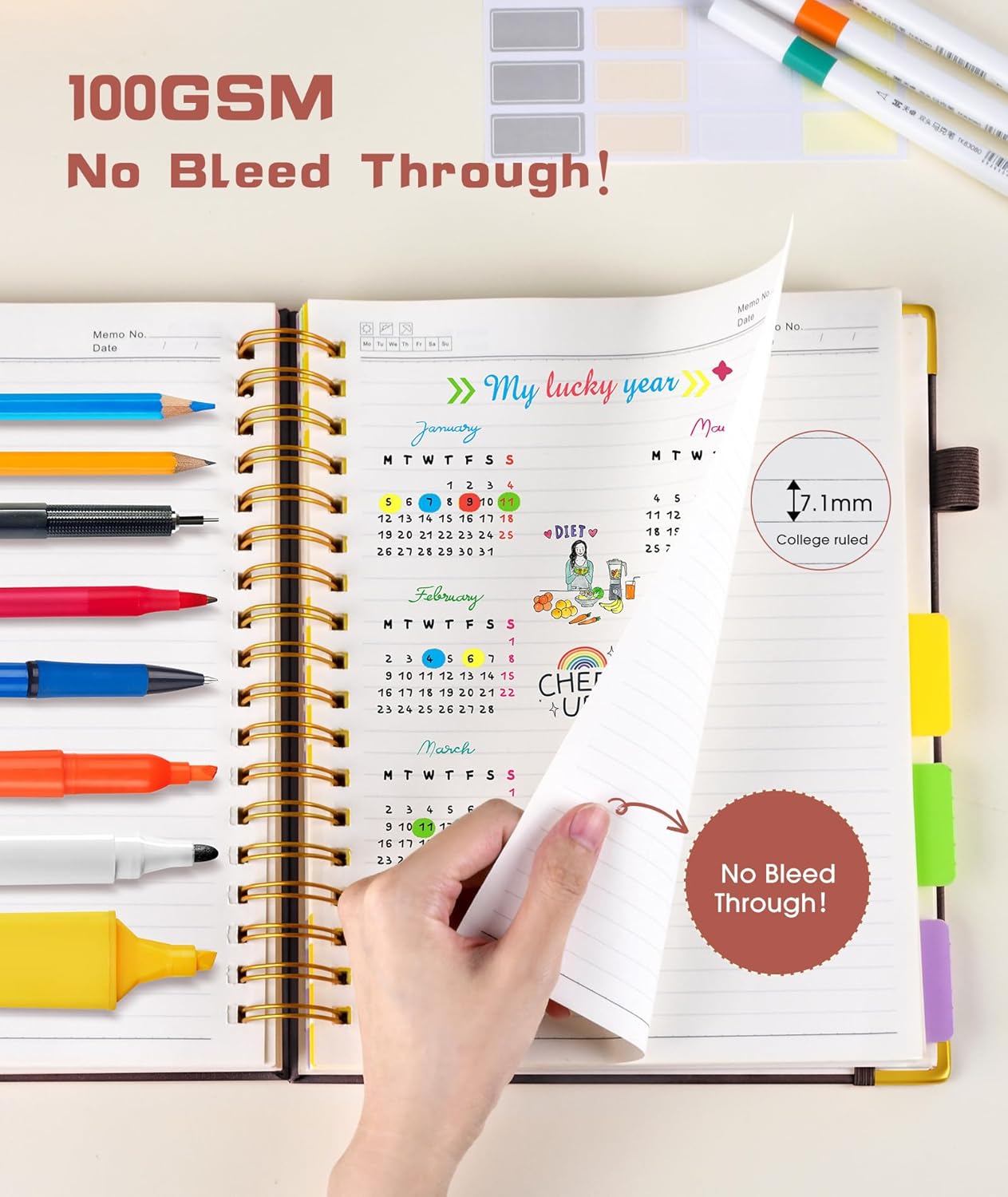 Hardcover Spiral Notebook journal with Removable Dividers Tabs, 300 Pages Leather 5 Subject Notebook College Ruled, 100GMS A5 Notebooks for Work School Note taking,Lined Journal for Women,A5 Brown