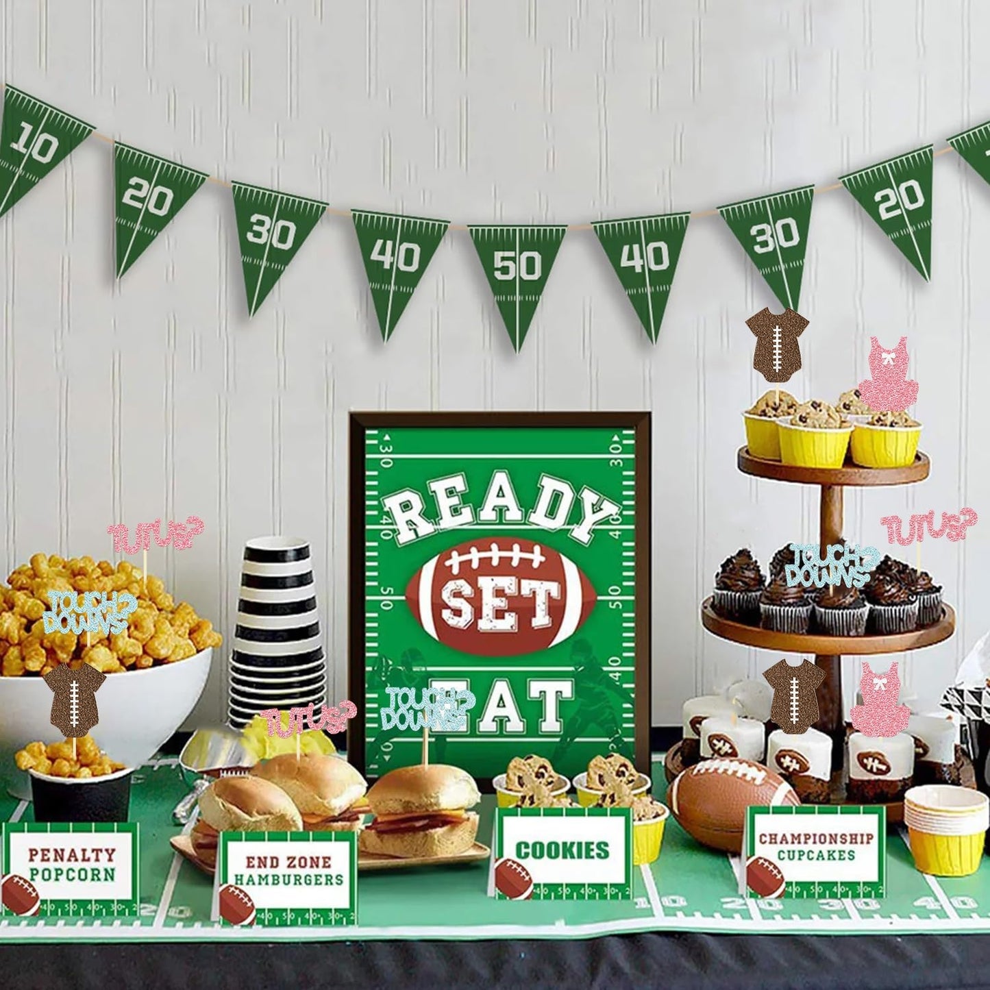 24 Pack Glitter Football Gender Reveal Tutus or Touchdowns Cupcake Toppers Picks Boy or Girl Rugby Birthday Cake Toppers for Gender Reveal Baby Shower Birthday Party Decorations (Tutus or Touchdowns)