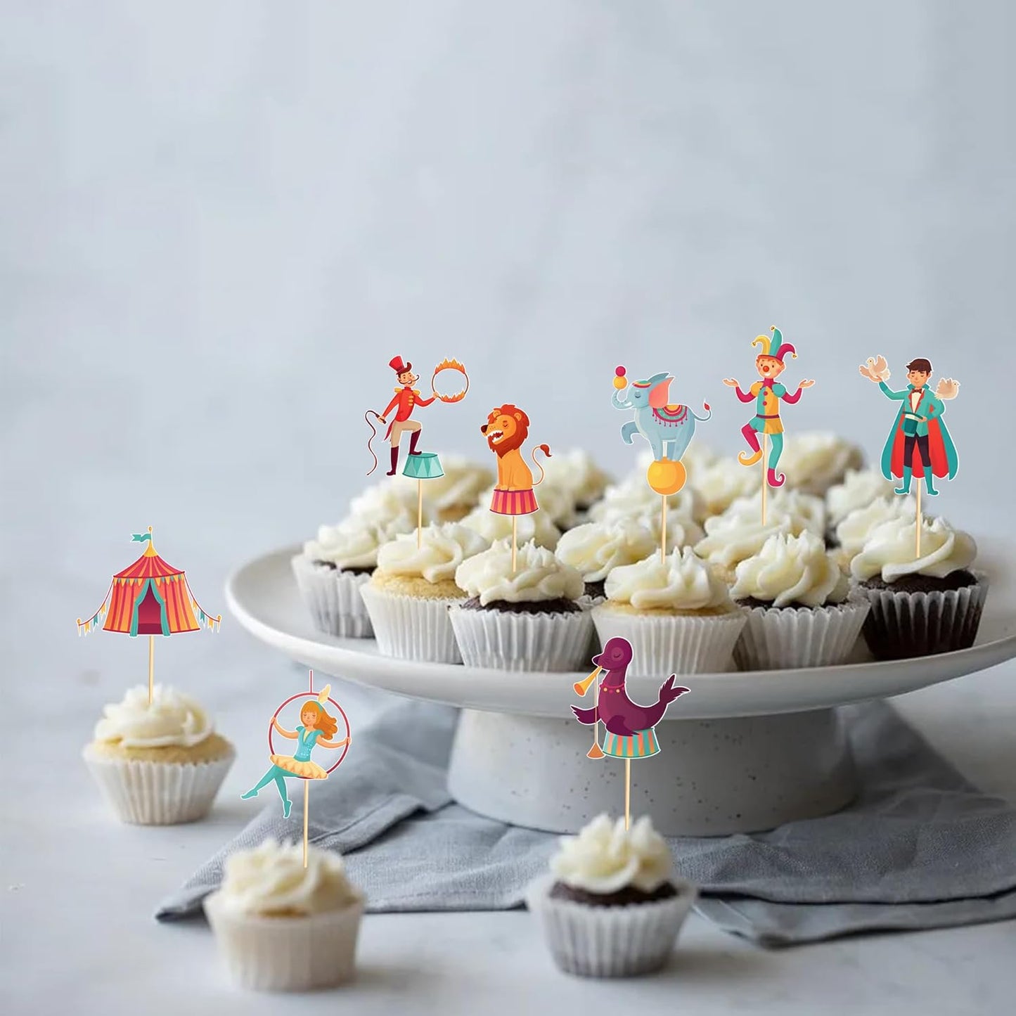 24pcs Circus Cupcake Toppers Carnival & Circus Party Decorations - Perfect for Cupcake, Cake & Baby Shower Birthday Party Supplies