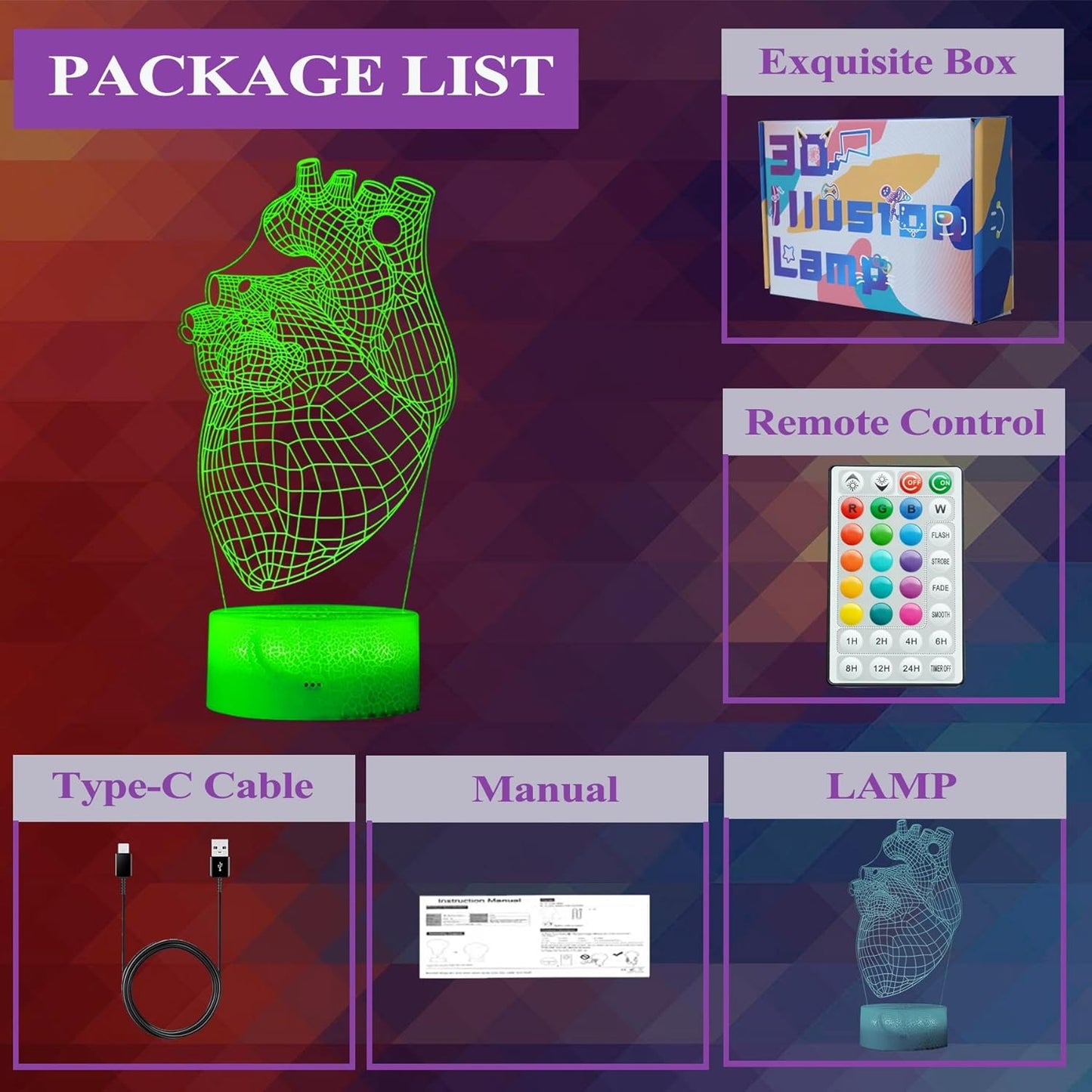 Heart Anatomy Illusion Lamp, Cardiology Gifts, 3D Night Light, 16 Colors Changing, Timer, 4 Flash Modes and Dimmable, Kids Room Decoration, Xmas Heart Model Gifts