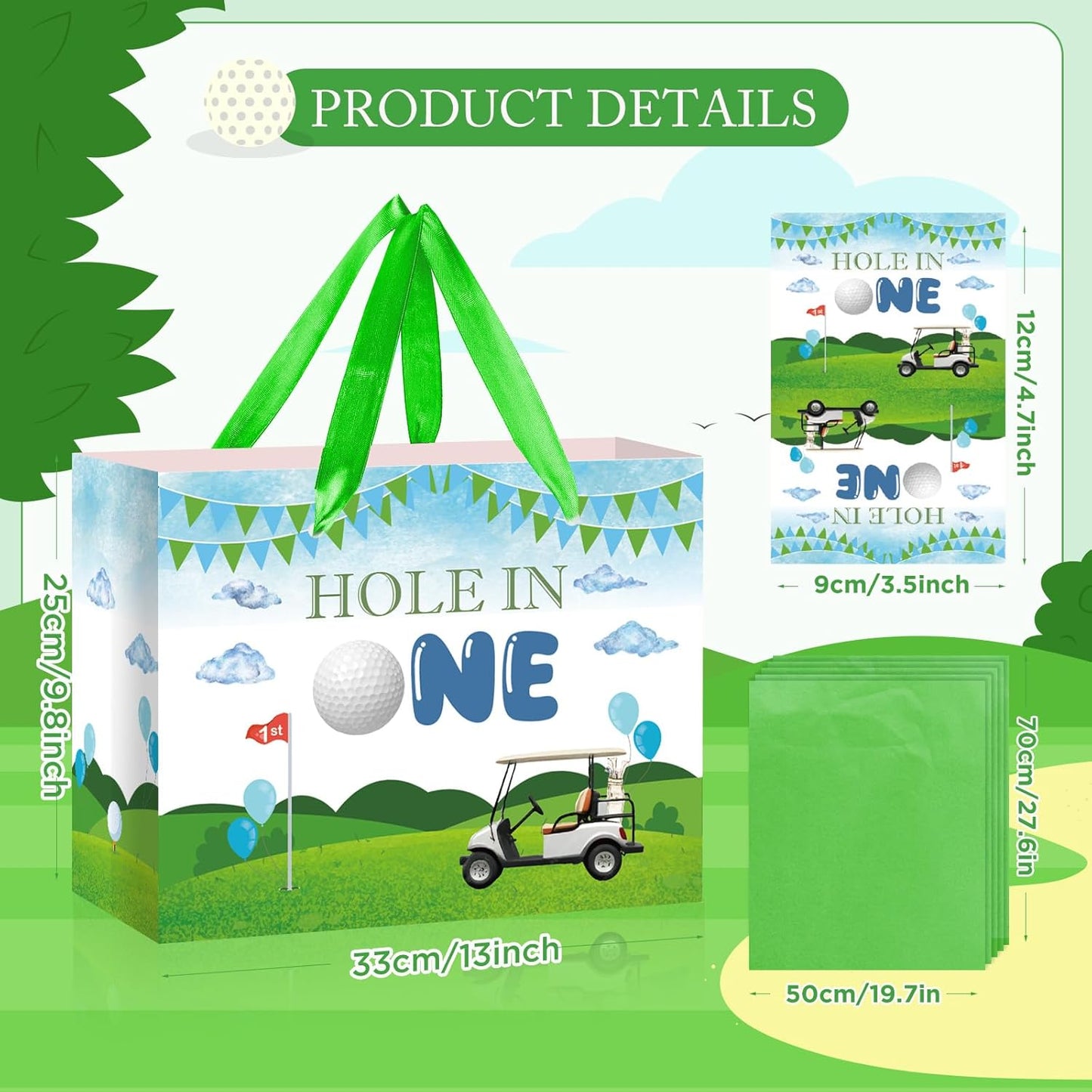 Hole in One Birthday Decorations Hole in One Gift Bag Golf First Party Bag Green 1st Birthday Wrapping Bag with Greeting Card and Tissue Papers for Boys Girls Newborn Baby Shower One Year Old Themed Bday Party Supplies