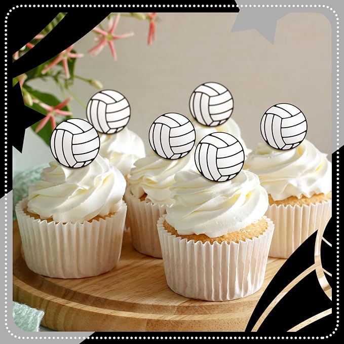 Honeydak 48 Pcs Black Volleyball Cupcake Rings Toppers Decoration Sport Ball - Image 7