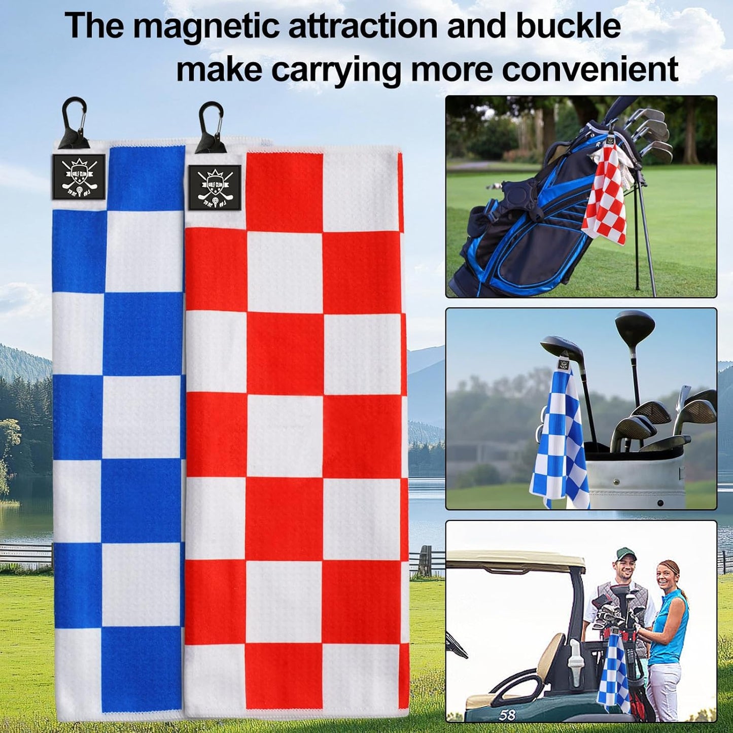2 Pack 24"x16" Magnetic Golf Towels - Premium Waffle Pattern, with Magnet & Carabiner Clip for Golf Bags, Carts & Clubs. Essential for Men & Women Golfers - Black/Black