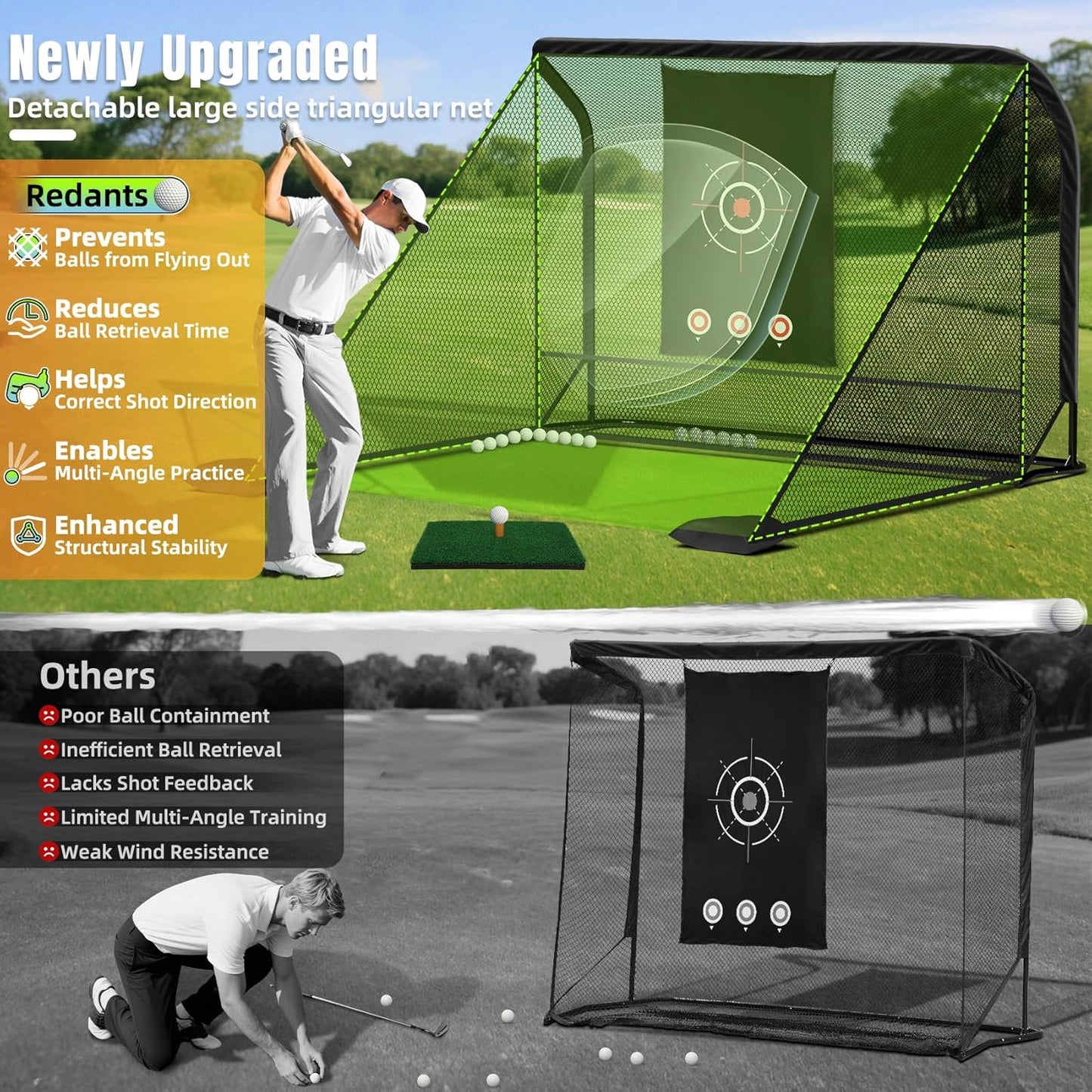 10x7ft Heavy-Duty Golf Practice Net with Hitting Mat & 2 Side Nets | Easy 10-Min Setup & Portable Bag | Low-Noise Impact Target for Backyard, Garage & Outdoor Driving & Chipping Practice
