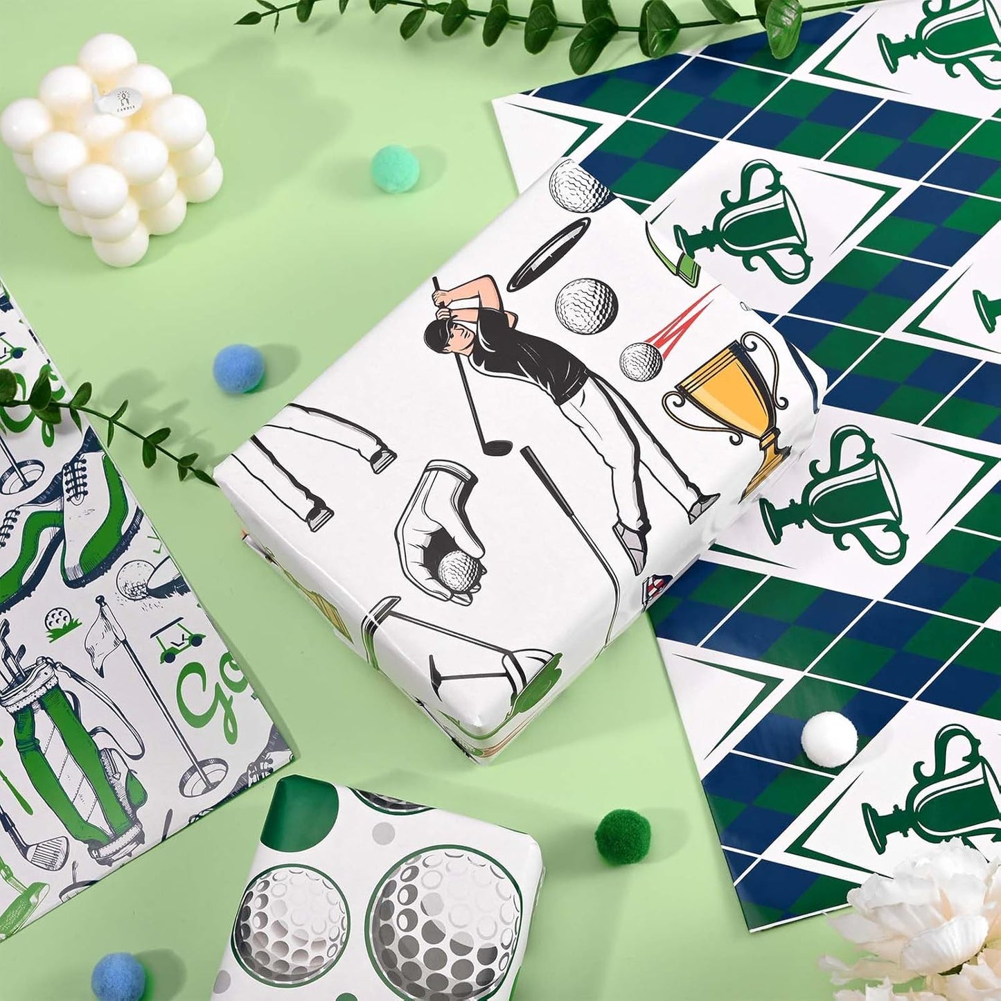 12 Sheets Golf Wrapping Paper Golf Clubs Balls Green Argyle Pattern Sports Gift Wrap Paper for Golf Theme Birthday Party Supplies, 20" x 28"