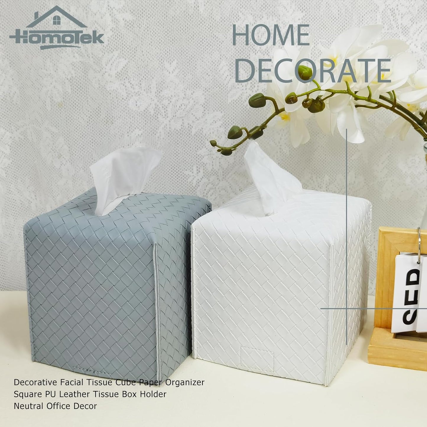 HOMOTEK 2 Pack Tissue Box Cover,PU Leather Tissue Holder,Square Decorative Facial Tissue Cube Paper Organizer Dispenser for Bathroom, Night Stands, Desk, Car 5X5X5'' - Woven Waffle,Light Gray