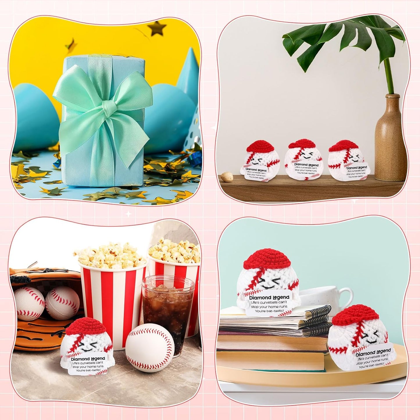 12pcs Funny Baseball Gifts for Team Bulk Positive Baseball Balls with Motivational Cards Handmade Mini Crochet Team Gift for Coach Women Men Coworker Birthday Christmas Party Favors