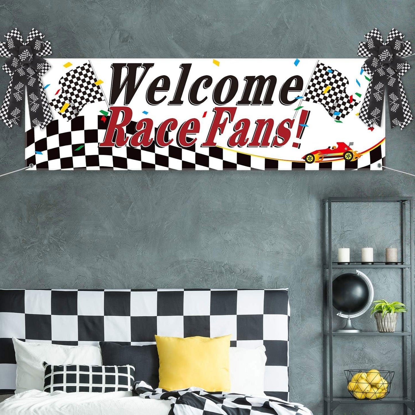 2 Rolls 2.5 Inch X 10 Yards Racing Car Theme Printed Ribbon for Crafts Wrapping Black and White Checkered Ribbon for Wreath Bows Sport Team Birthday Party Home Decoration