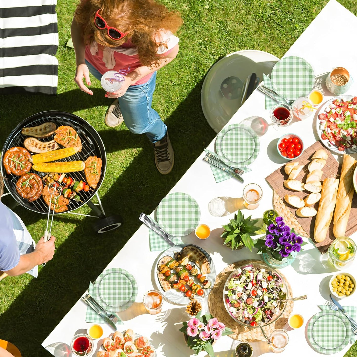 180Pcs Green Gingham Party Supplies Paper Plates and Napkins Serve 60 Disposable Tableware Set for Birthday Party Decorations Game Day Family School Holiday Sports Events