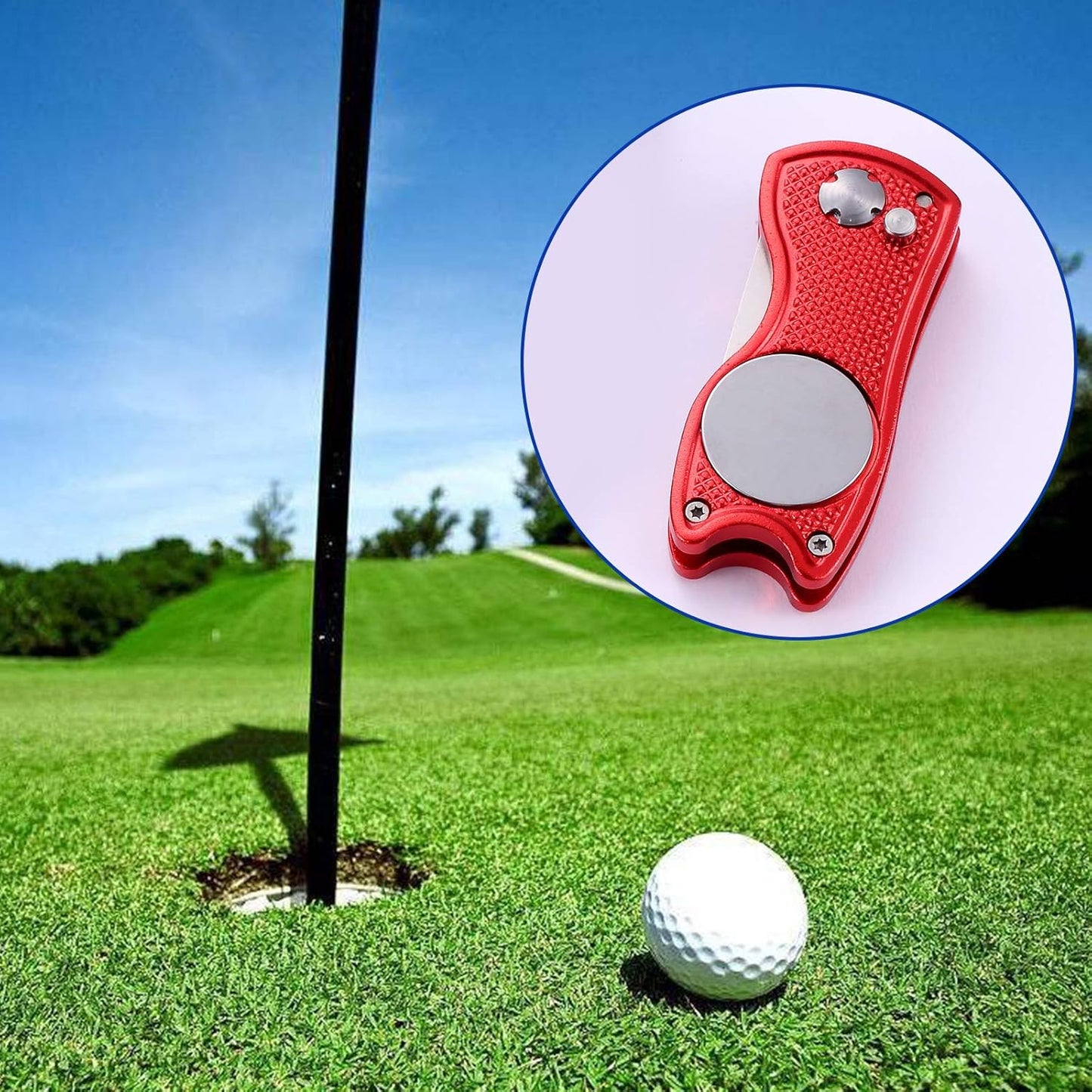 2 Pack Metal Foldable Golf Divot Tool with Pop-up Button & Magnetic Ball Marker (Pack of 2, Fish Design)