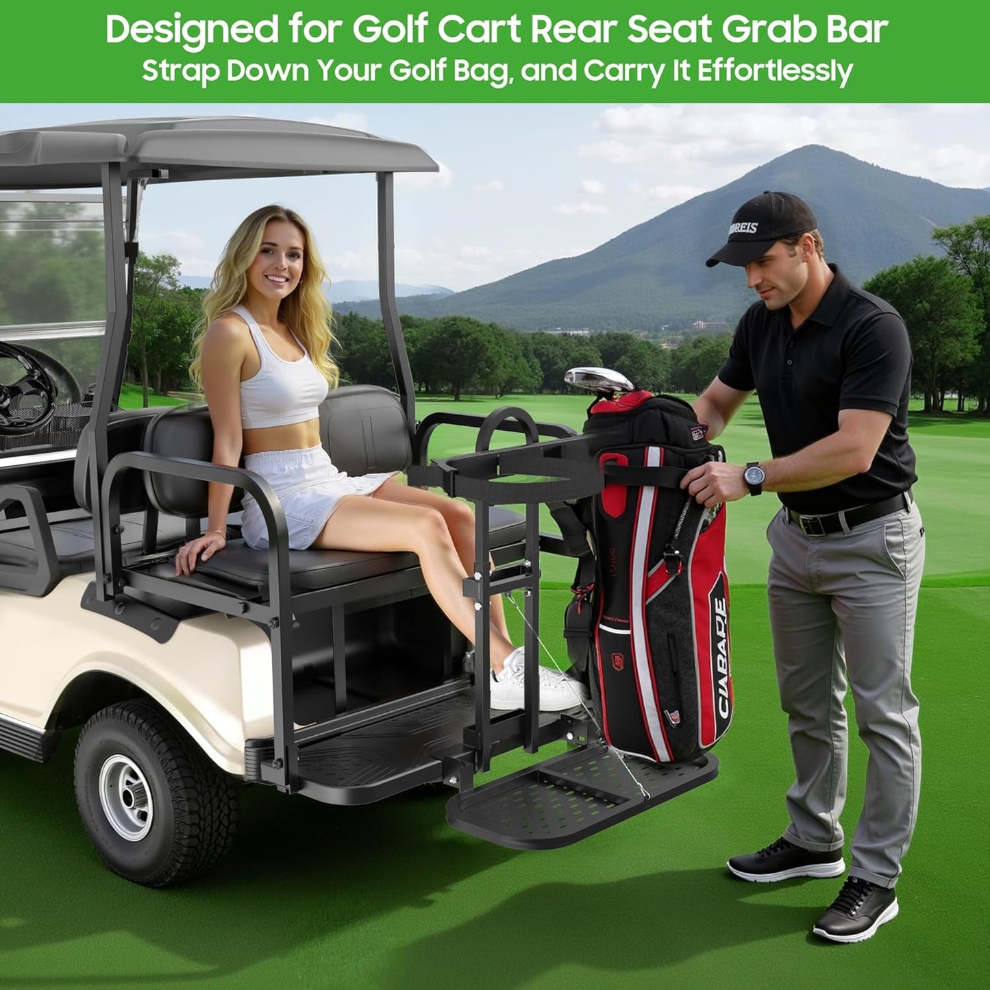 10L0L Universal Golf Cart Bag Holder Rack for EZGO Yamaha Club Car, Foldable Rear Seat Golf Bag Rack Accessory with Adjustable Height and Anti-Shake Design