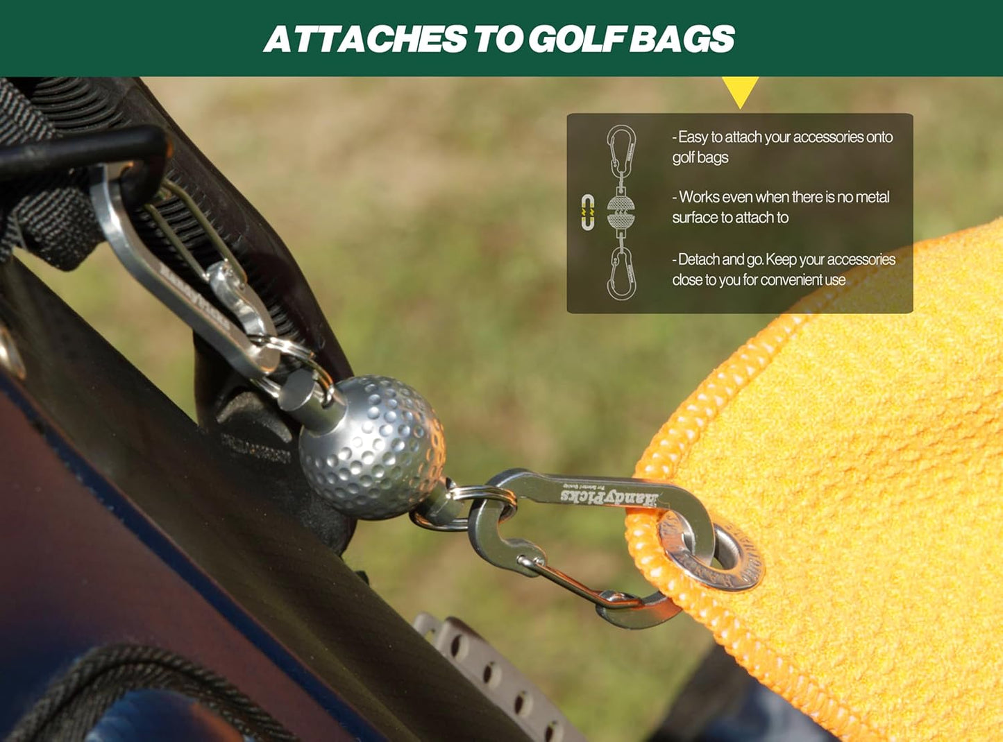 Handy Picks Magnetic Clip for Golf Towels, Original Mini Golf Ball Design, Industrial Neodymium Magnet for Strong Hold to Cart or Clubs, Essential Golf Accessory for Golf Lovers