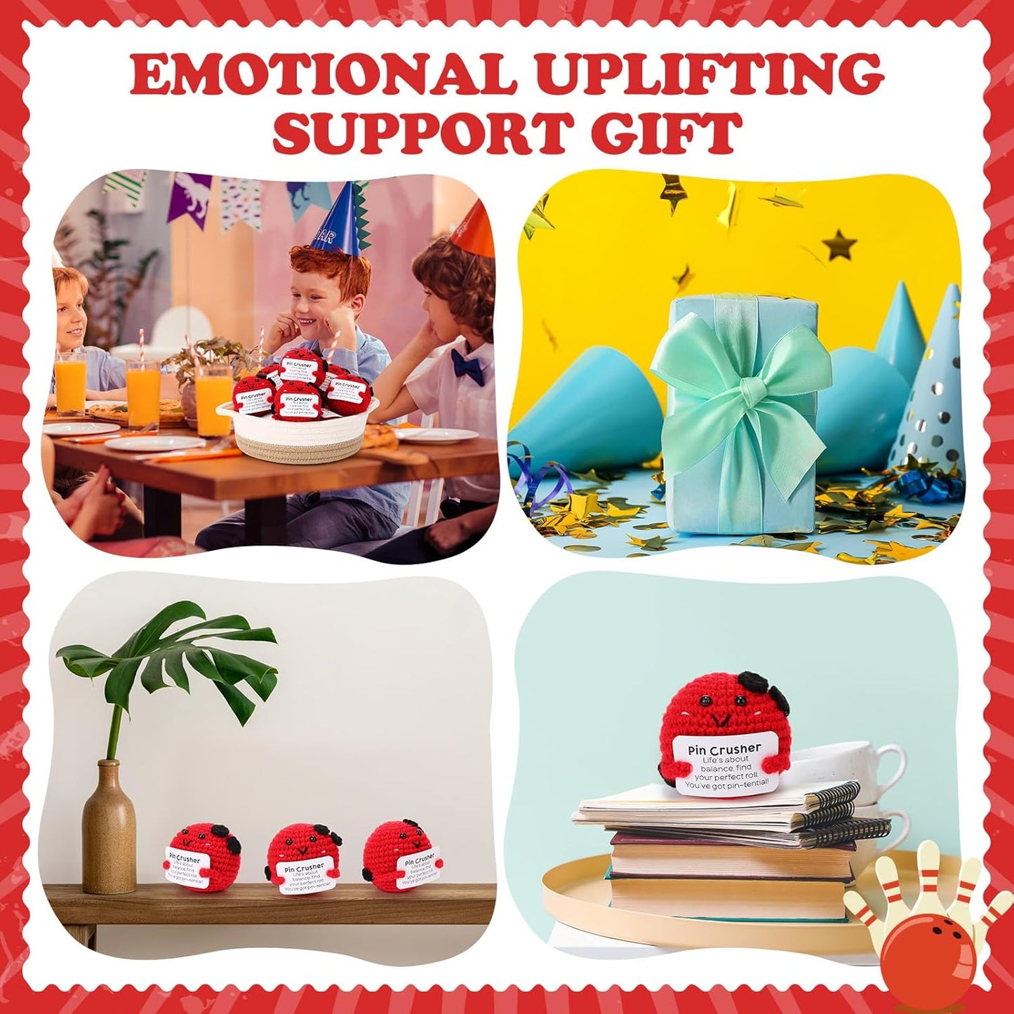 12pcs Funny Bowling Gifts for Team Bulk Positive Bowling Balls with Motivational Cards Handmade Mini Crochet Team Gift for Coach Women Men Coworker Birthday Christmas Party Favors