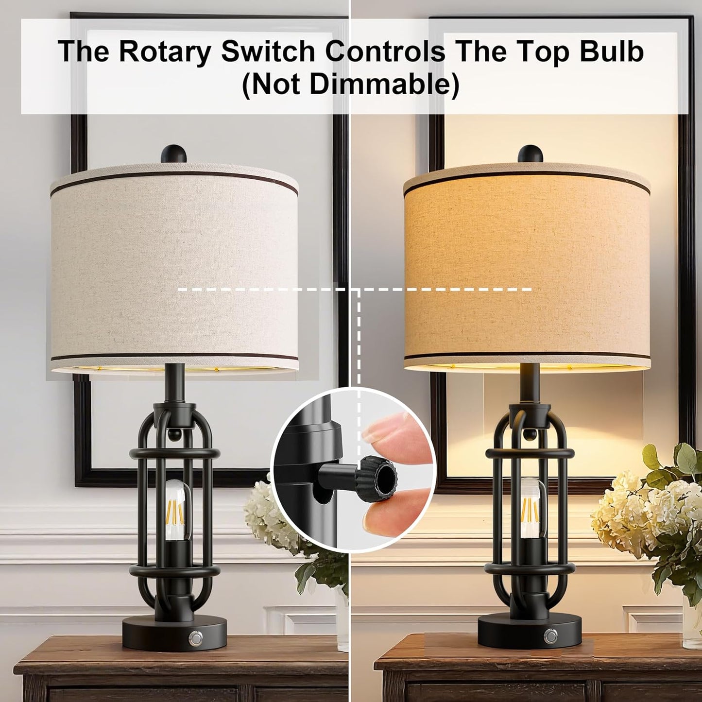 24'' Table Lamps for Living Room Bedroom Industrial Touch Lamp with USB A+C Ports, Night Light Farmhouse Vintage Nightstand Bedside Lamps for Night Stands Metal Black, Bulbs Included
