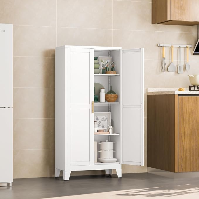 White Metal Storage Cabinet, Kitchen Pantry Storage Cabinet - Image 9