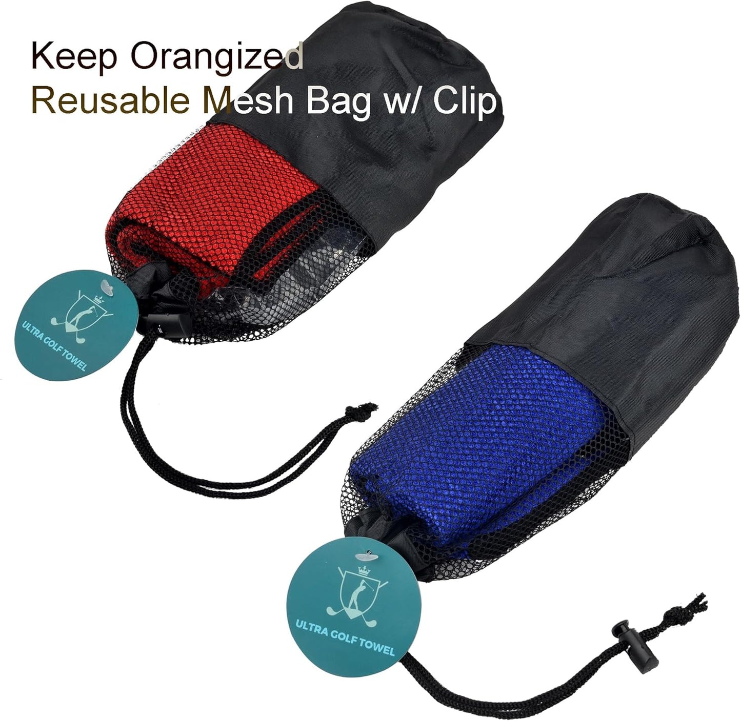 2-Pack Golf Towel & Club Brush Set – Microfiber Waffle Towels + Retractable Groove Cleaners – Bonus Carry Pouch – Lint-Free & Fast Drying (Red and Blue)