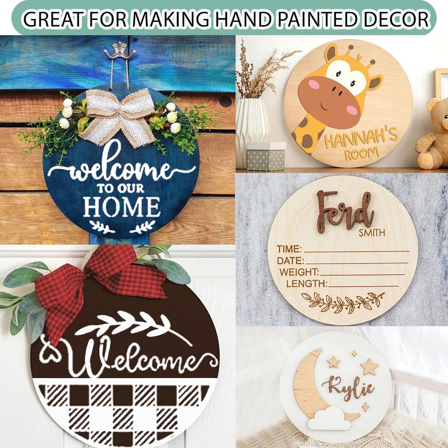 12 Inch Wood Circles for Crafts, 10Pcs Unfinished Wood Rounds with 12Pcs Welcome Stencils & 12Pcs Painting, DIY Wooden Crafts for Door Hanger, Wood Burning, Painting, Christmas Thanksgiving Day Decor