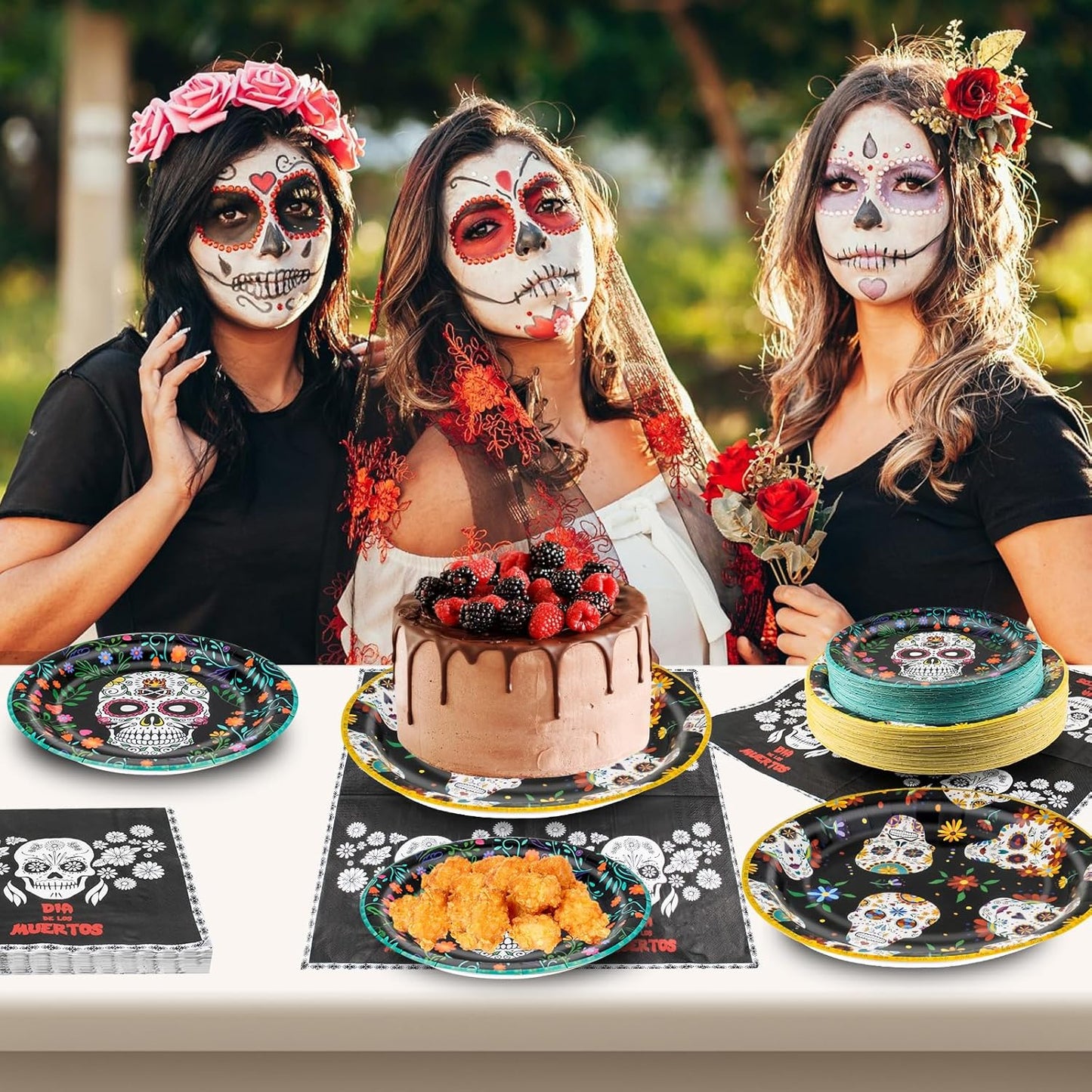 180Pcs Day of the Dead Party Supplies Paper Plates and Napkins Serve 60 Disposable Tableware Set for Birthday Party Decorations Game Day Family School Holiday Sports Events