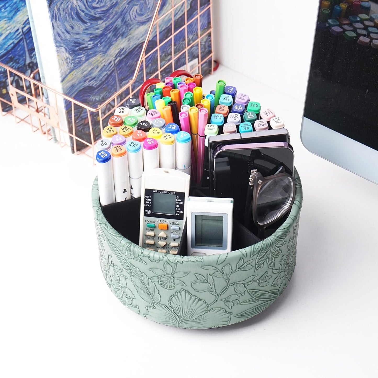 Hennaja Remote Control Holder, 360°Spinning PU Leather Desk TV Remote Caddy,Desk Storage Box Room Accessories for Controller, Media,Mail,Calculator, Mobile Phone,Pencil(1-Carved Green2)