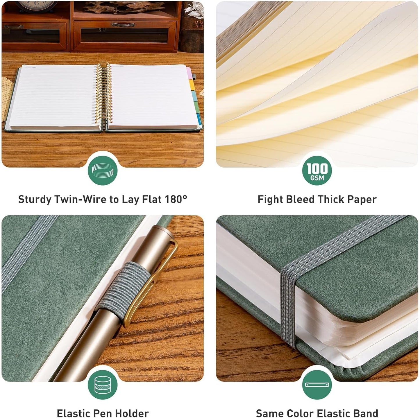 Hardcover Spiral Notebook 8.5" x 11" with 5 Removable Dividers 300 Pages Leather 5 Subject Notebook College Ruled 100GSM Large Spiral Notebooks for Work Thick Lined Journal for Women, Green