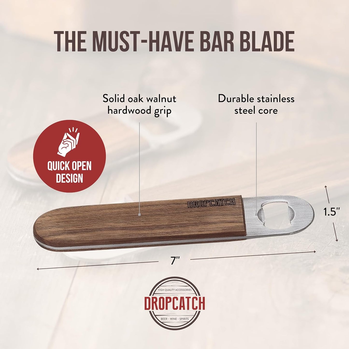 Handheld Bar Blade Bottle Opener | Customizable Flat Beer Cap Bottle Opener | Bartender or Home Tool | Heavy Duty Stainless Steel & Walnut | Custom Engraving Available | 7” x 1.5”