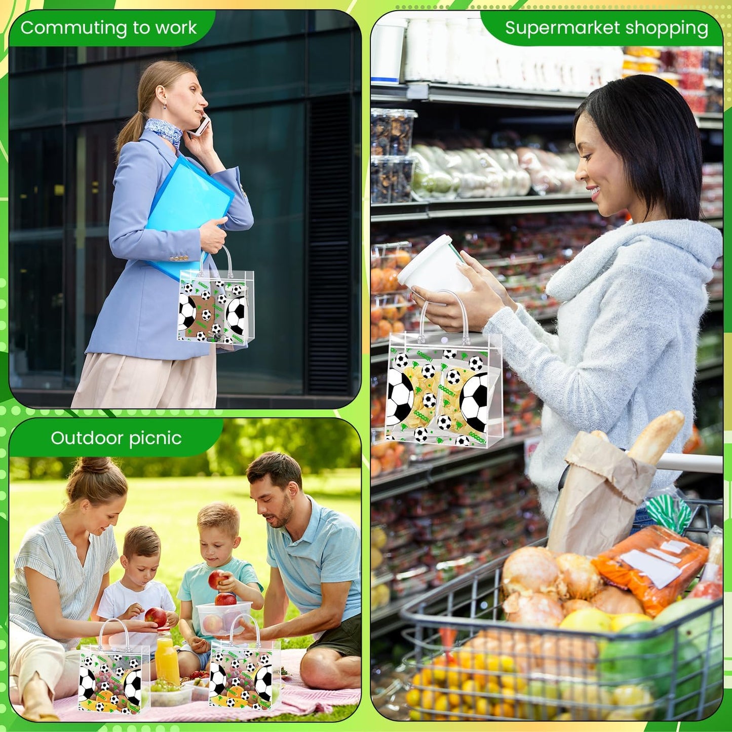 24 Pieces Clear Soccer Gift Bags with Handles Transparent PVC Soccer Goodie Bags 7.9 x 7.9 x 3.1Inch Sport Theme Party Favor Bag for Birthday Holiday Sports Team Events