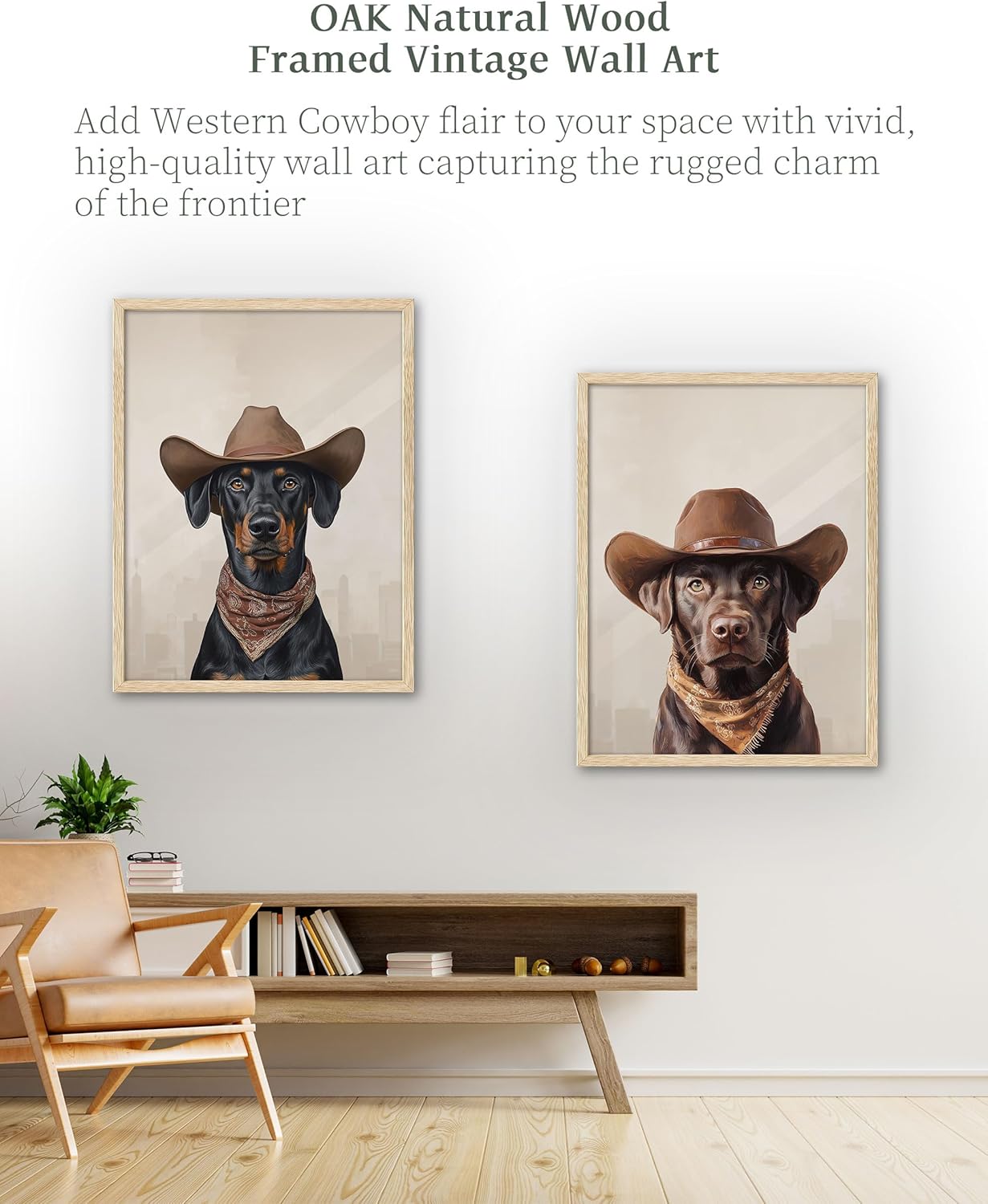 iHery Natural OAK Wood Labrador Dog Cowgirl Hat Framed Wall Art, 12x16 in Neutral Aesthetic Western Trendy Canvas Wall Art Decor For Bedroom, Funky Cute Dog Prints Bathroom Living Room Set of 1