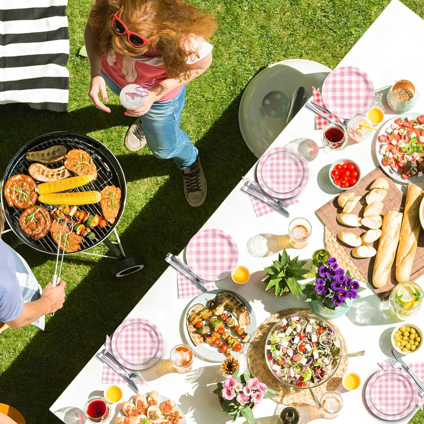 180Pcs Pink Gingham Party Supplies Paper Plates and Napkins Serve 60 Disposable Tableware Set for Birthday Party Decorations Game Day Family School Holiday Sports Events