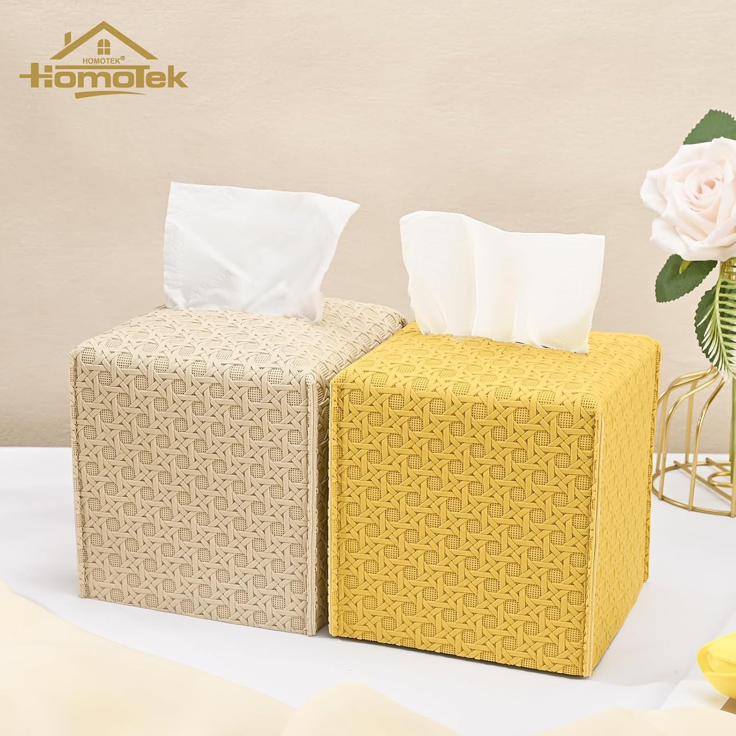 HOMOTEK 2 Pack Tissue Box Cover, Square PU Leather Tissue Holder, Decorative Facial Tissue Cube Paper Organizer Dispenser for Bathroom, Night Stands, Desk, Car 5X5X5'' - Rattan Weave,Mango Yellow