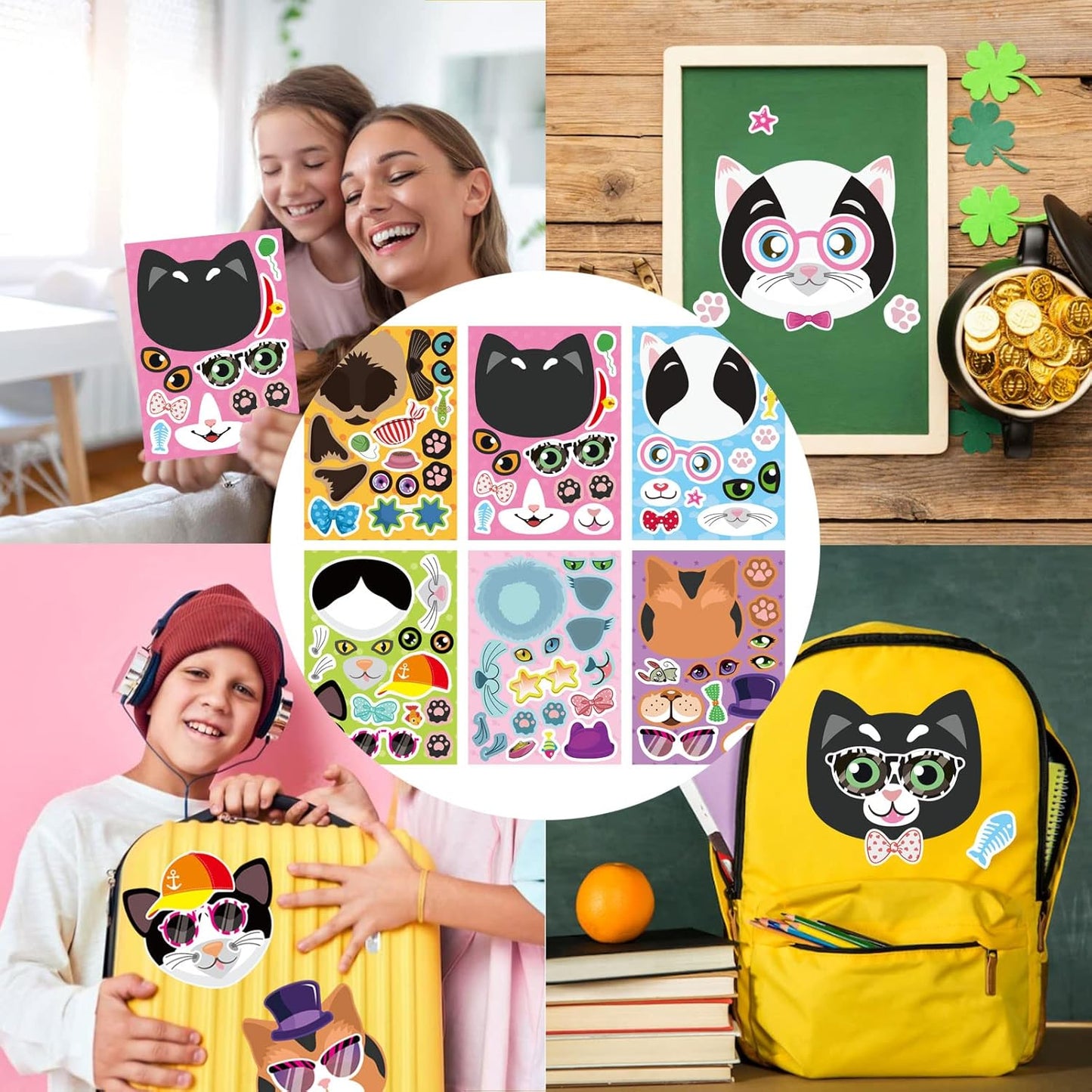 24 Sheets Cats Make a Face Stickers Make You Own Cats Stickers Animal Sticker for Kids, Birthday Gift Party Favors Supplies Teacher Art Craft, Games School Activity Reward