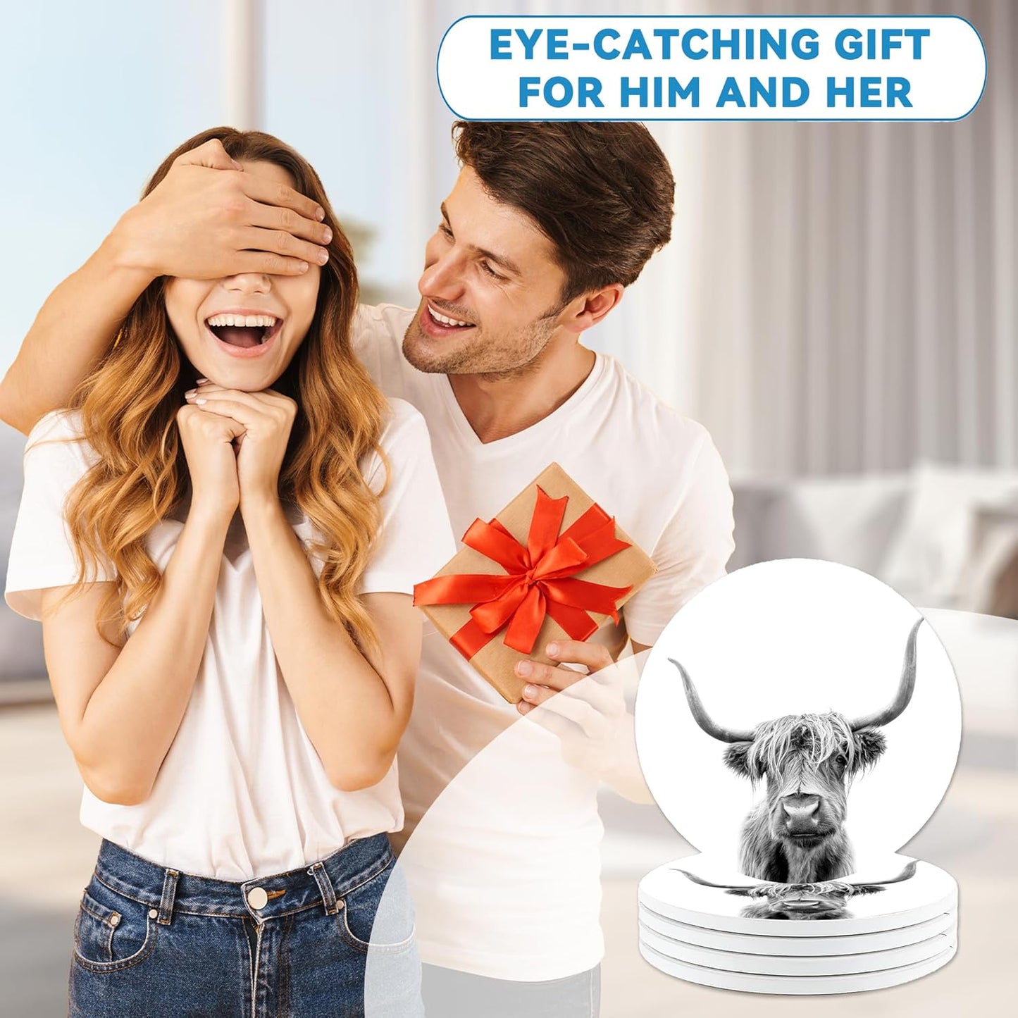 Highland Cow Coasters Set of 4, Absorbent Ceramic Drink Coasters with Cork Backing, Western Theme Coasters for Table Home Décor, Ideal Gifts for Women Men