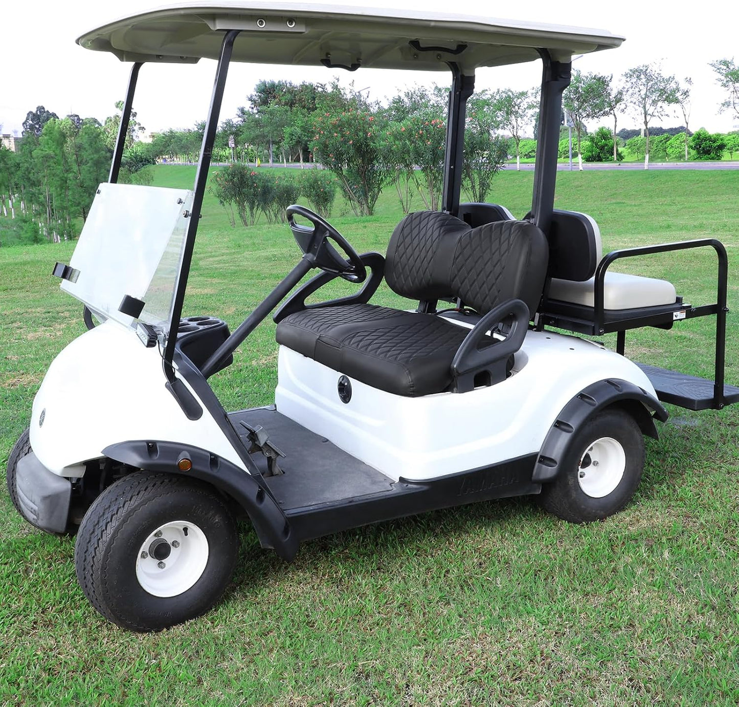 iLSKW Golf Cart Seat Cover for Yamaha G29 / Drive, Premium Marine Leather, Diamond Stripe with Black Stitching Soft Comfortable to Upgrade No Stapler