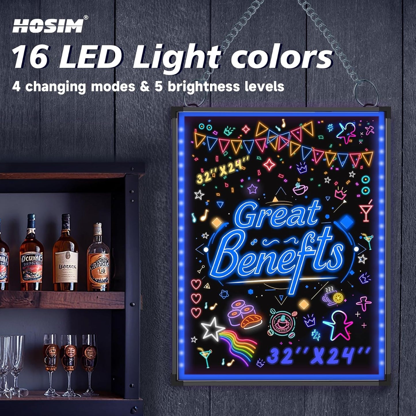 Hosim LED Message Writing Board 32"x24" Illuminated Erasable Neon Effect Restaurant Menu Sign with 8 Colors Markers,16 Lighting Colors DIY Message Chalkboard for Kitchen Wedding Promotions