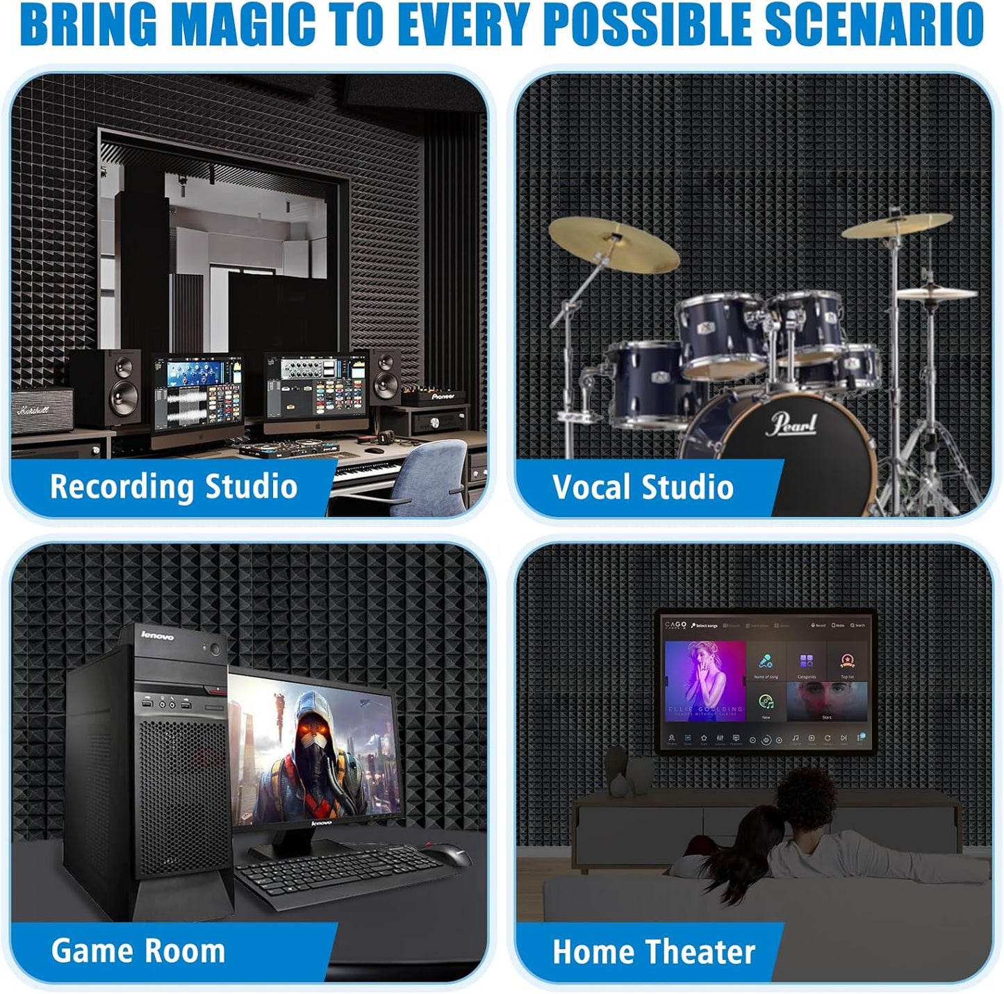 2 Pack Black Acoustic Foam Panels,48x24x2 Inch Sound Proof ,High Density Soundproof Wall Panels,Fireproof Cancelling Foam Studio (Black, 2 PCS)