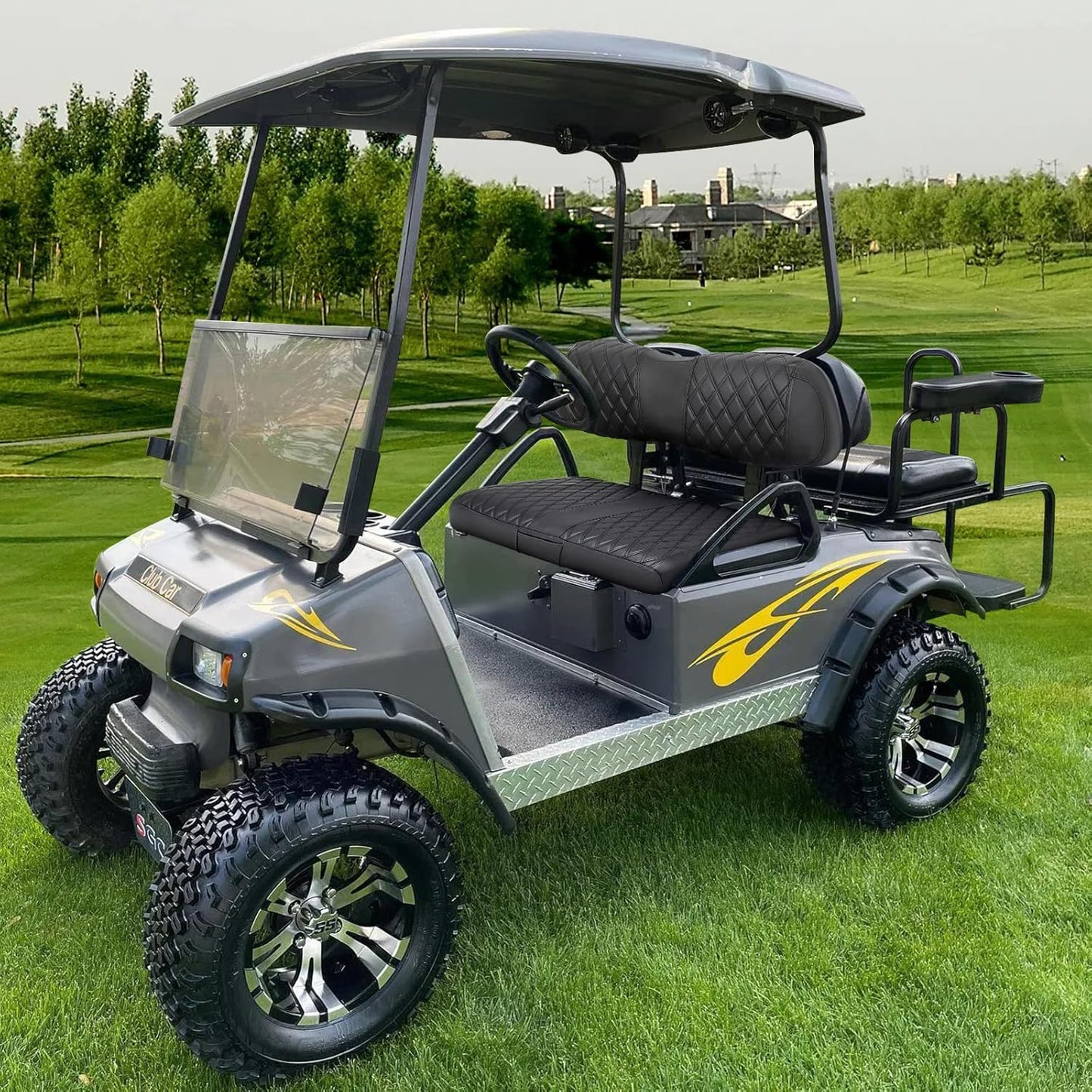 iLSKW Golf Cart Seat Covers Leather for Club Car DS OEM Front Seat Cover Set with Diamond Stripe PVC Leathur with Black Stitching Breathable Washable Anti-Chipping/Anti-Fading/No Stapler