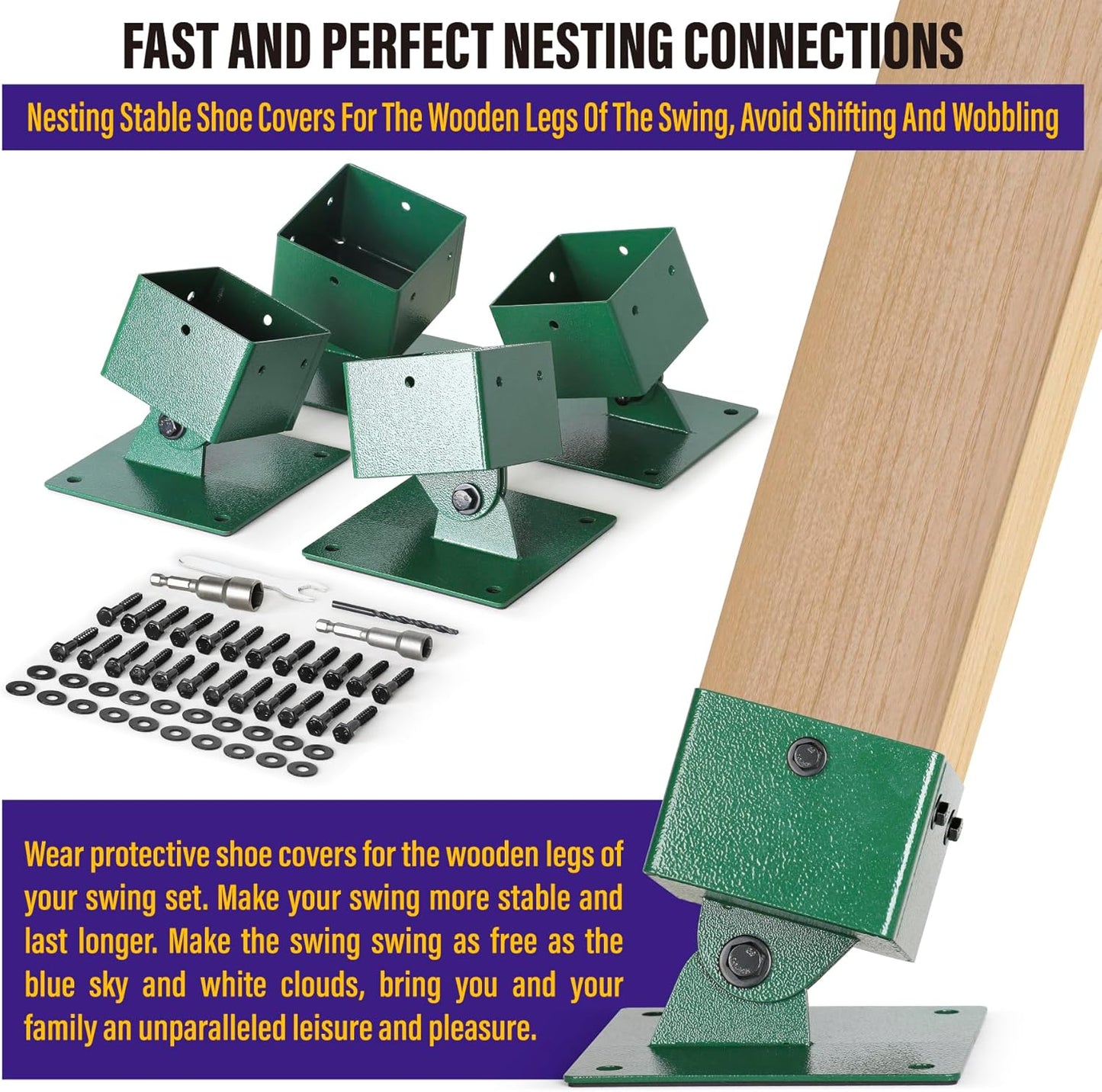 Hulave 201 Stainless Steel Swing Set Anchor Leveling Kit, Swing Set Leveling Base Bracket, Fits 4 x 4 (Actual Size 3.5" x 3.5") Wood Legs, Avoids Moisture to Protect Wooden Legs (4pack - Green)
