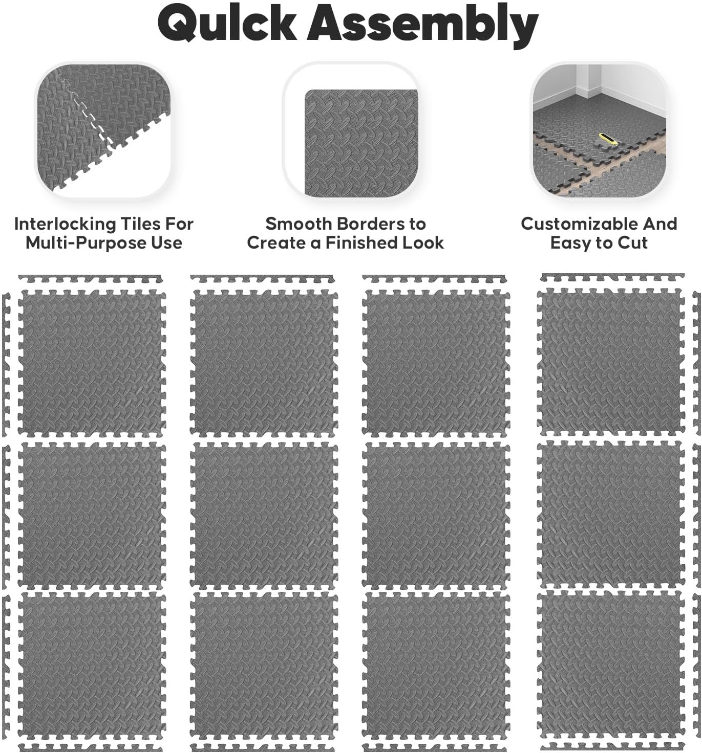 Home Gym Mat, Puzzle Exercise Mat, EVA Interlocking Foam Floor Tiles for Home Workout Equipment and Kids' Play Areas -, 24 in x 24 in x ½ in, Grey 36 Tiles