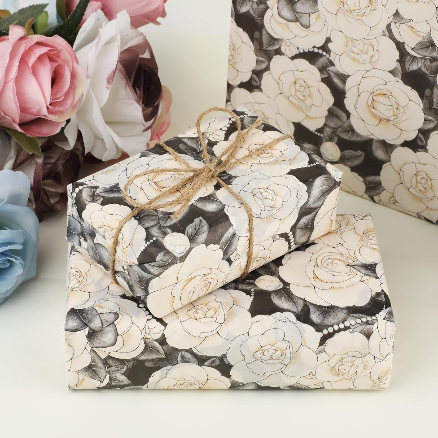 100 Sheets Camellia Flower Tissue Paper with Stickers,20x14 Inch Floral Gift Wrapping Paper for Birthday, Wedding, Baby Shower, Bridal Shower, DIY Crafts and Party Favors