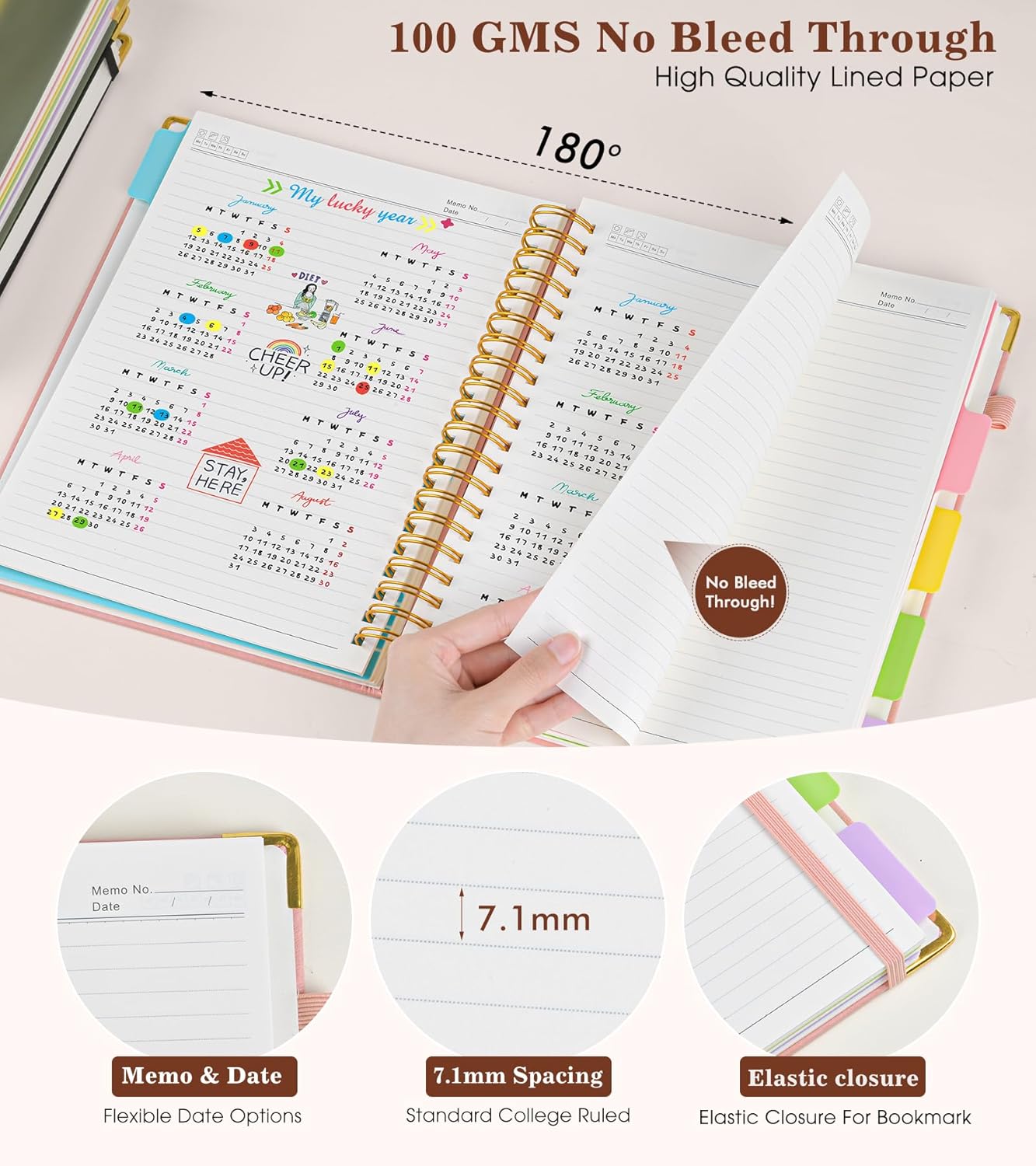 Hardcover Large Spiral Notebook 8.5" x 11" with Removable Dividers Tabs, 300 pages Leather 5 Subject Notebook College Ruled, A4 Journal for Women Men, Notebooks for Work School Note taking, Pink