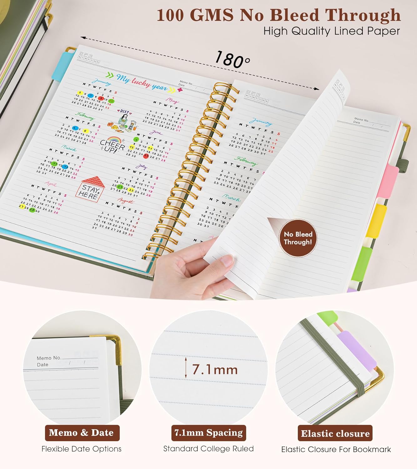 Hardcover Large Spiral Notebook 8.5" x 11" with Removable Dividers Tabs, 300 pages Leather 5 Subject Notebook College Ruled, A4 Journal for Women Men, Notebooks for Work School Note taking, Green