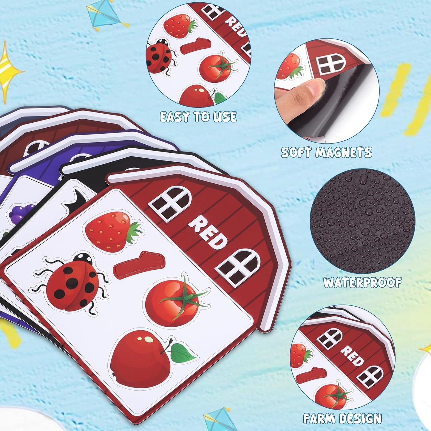 10Pcs Magnetic Color Sorting Toys 60 Toddler Magnets for Refrigerator, Cute Farm Animal Fridge Magnets for Early Education Toddler Color Sorting Learning Activities