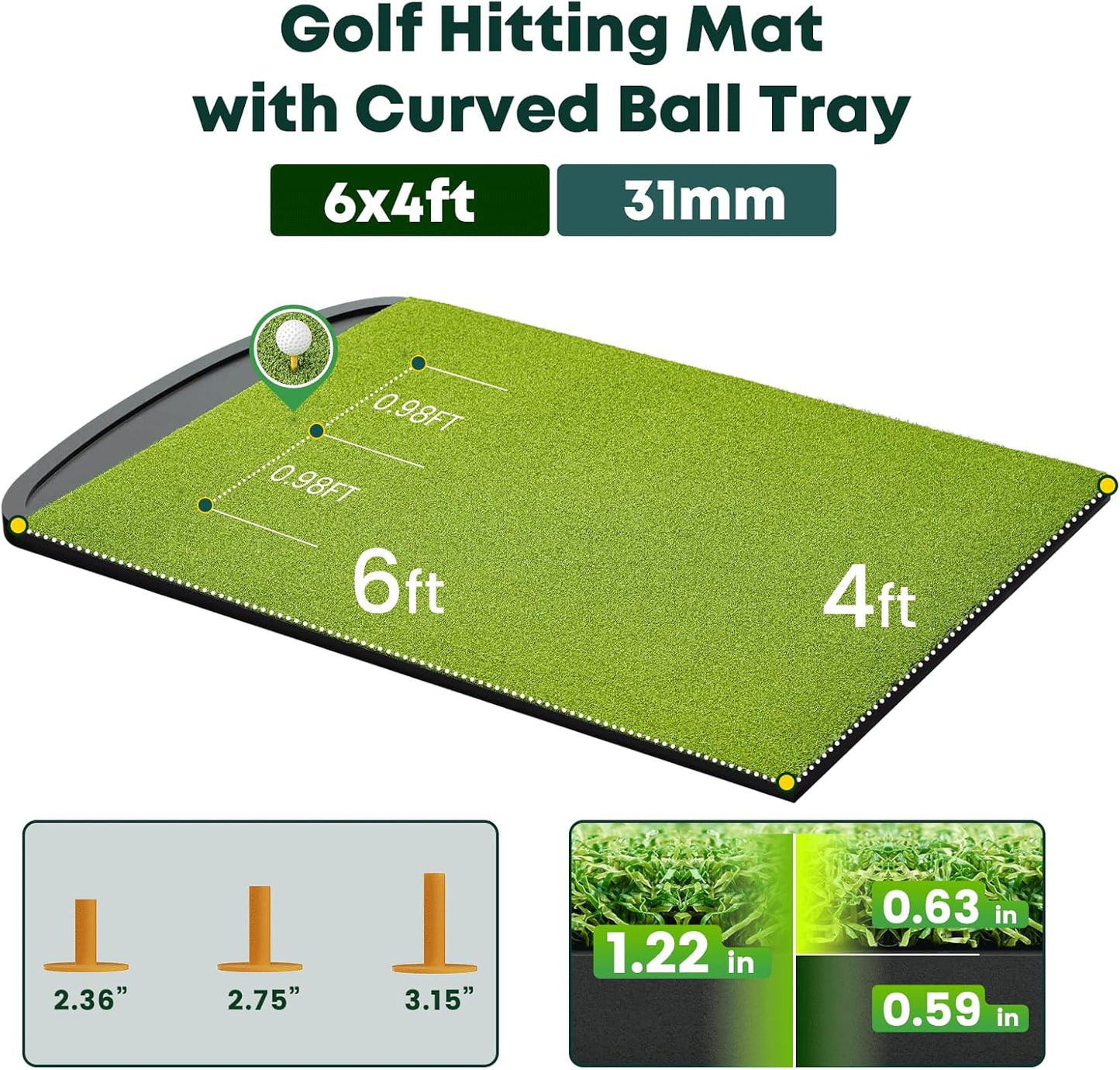 Integrated Golf Hitting Mat with Curved Ball Tray 5x4ft 6x4ft 26mm 31mm Thickening Golf Practice Mats Indoor & Outdoor, Durable Golf Turf Matt with 3 Tees for Hitting Chipping Striking, Swinging