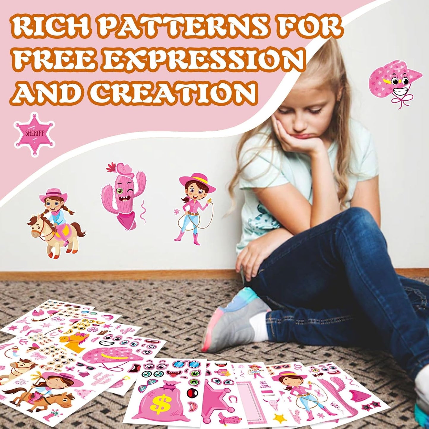 24 Sheets Cowboy Cowgirl Stickers for Kids, Country Western Cowgirl Make a Face Sticker, Make Your Own Stickers Sheets, Pink Cool Theme Art Craft Supplies
