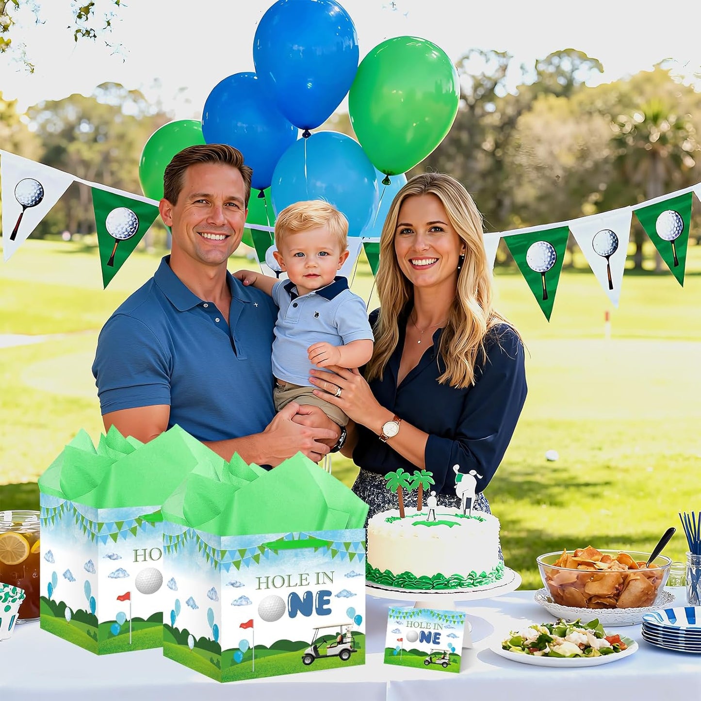 Hole in One Birthday Decorations Extra Large Hole in One Gift Bag Christmas Jumbo Golf First Party Bag Green 1st Bag with Card and Papers for Boys Girls Newborn Baby Shower One Year Old Themed Bday Party Supplies