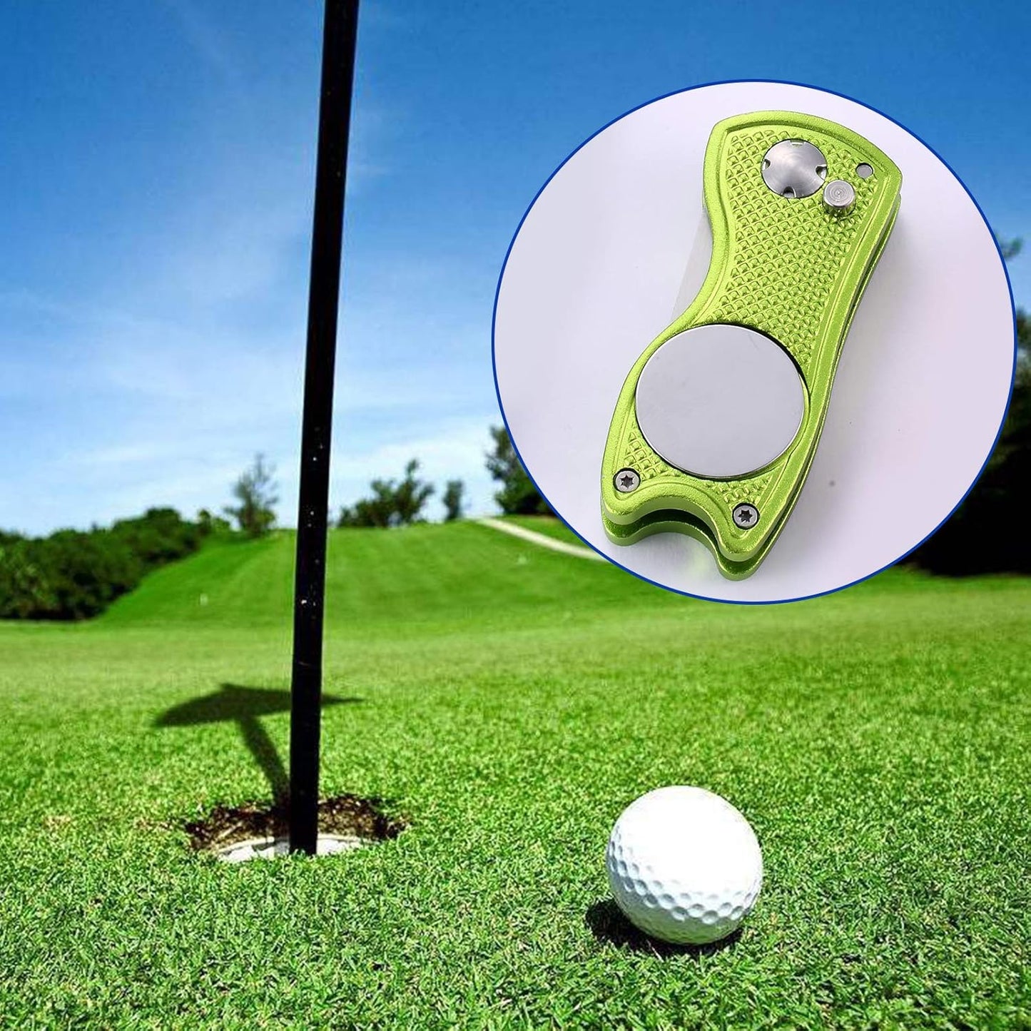 2 Pack Metal Foldable Golf Divot Tool with Pop-up Button & Magnetic Ball Marker (Pack of 2, Fish Design)