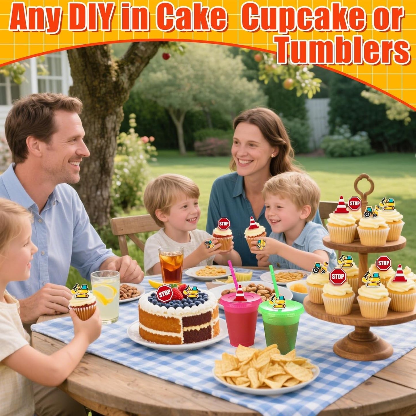 24PCS Construction Cupcake Rings Toppers Stop Sign Excavator Bulldozer Party Cake Picks Decorations for Construction Theme Birthday Party Supplies