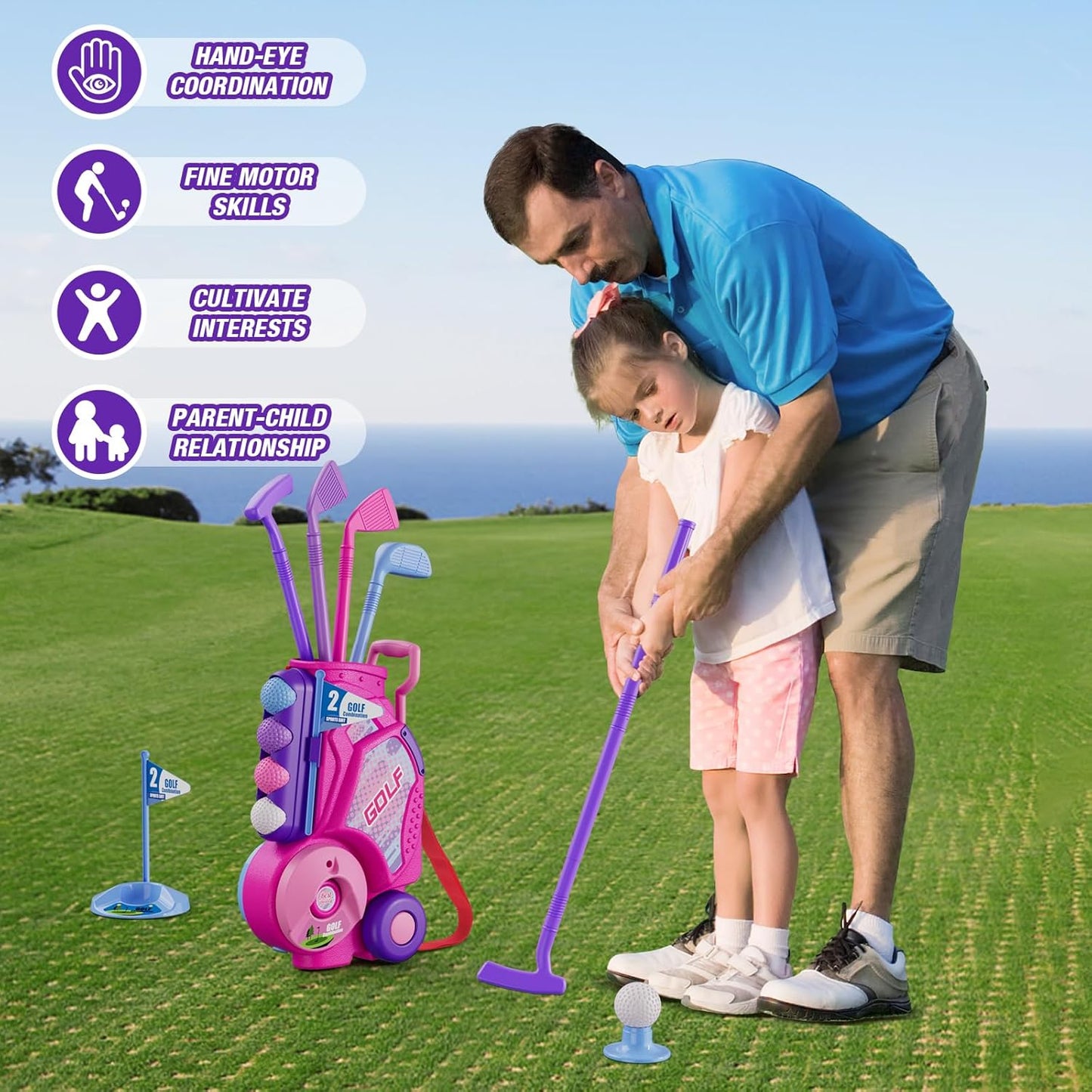 2 in 1 Toddler Golf Set 2-4 Years, Upgraded Kids Plastic Golf Clubs with 12 Balls, Cornhole Board & Putting Mat, Shoulder Strap, Indoor Outdoor Sport Toys Gift for Baby Boys Girls Aged 3-5, Pink